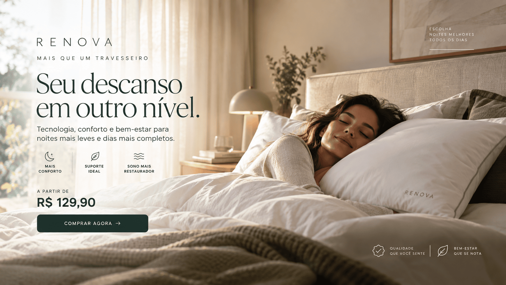 Travesseiro Renova em quarto confortável, apresentando a proposta de conforto e bem-estar da marca.